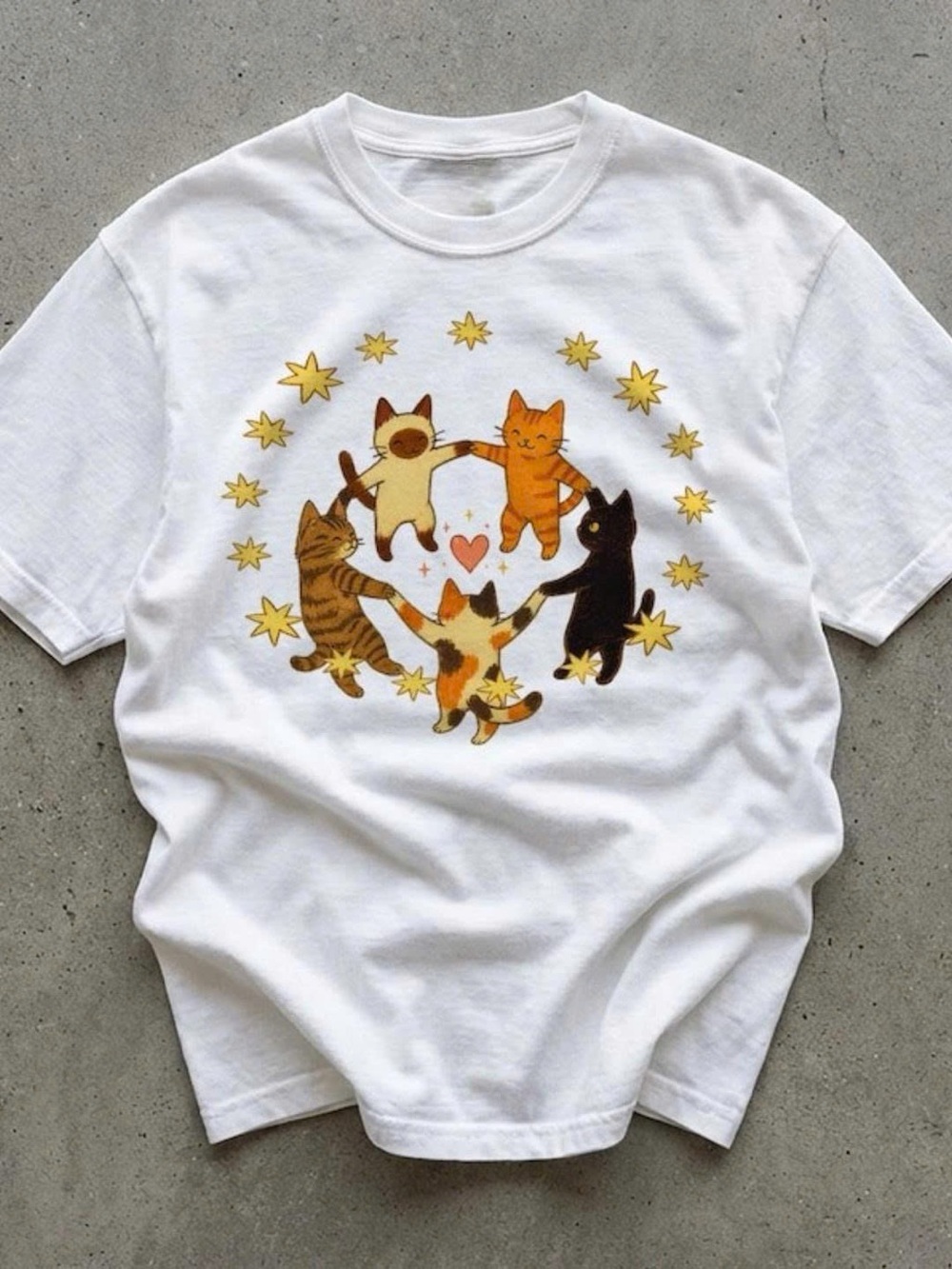 White Cat Circle Graphic Tee - Playful Multi-Cat Design